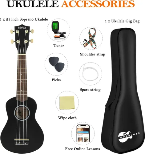Miniatura 9 de Everjoys Paquete de ukelele soprano para principiantes de 21 pulgadas con clase en línea gratuita, bolsa de actuación, afinador digital, púas y paño
