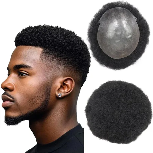 Miniatura 18 de HAPPY&CC Afro - Sistema de piezas de cabello humano tipo toupee para hombre, encaje suizo duradero con poliuretano para hombre, peluca tipo tupé #1