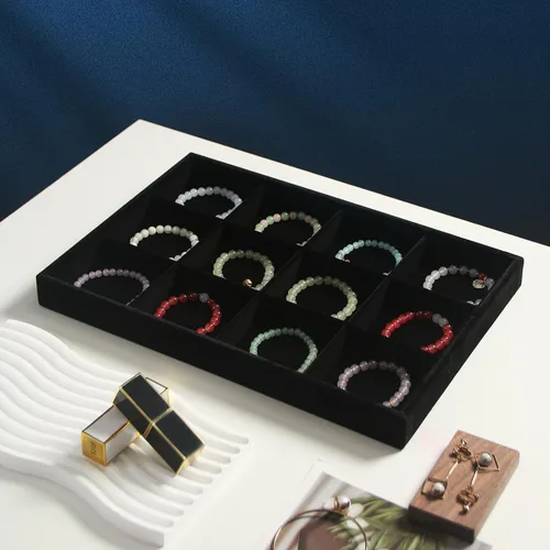 Miniatura 2 de Coward Bandeja organizadora de joyería apilable con terciopelo color negro, juego de 2 piezas, 12 rejillas, soporte de exhibición para la venta