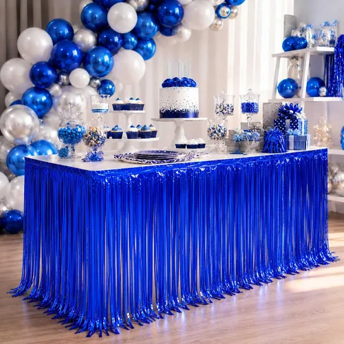 Miniatura 10 de Faldas de mesa de oropel de papel metálico con flecos para mesas rectangulares, cortinas de serpentina, telón de fondo para cumpleaños, boda