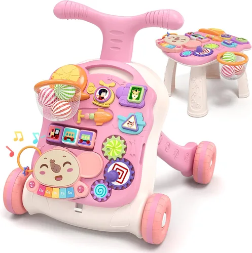QDRAGON Andador de bebé 3 en 1 y centro de actividades para niñas, aprendiendo a caminar, sentarse a pararse, juguetes educativos tempranos con
