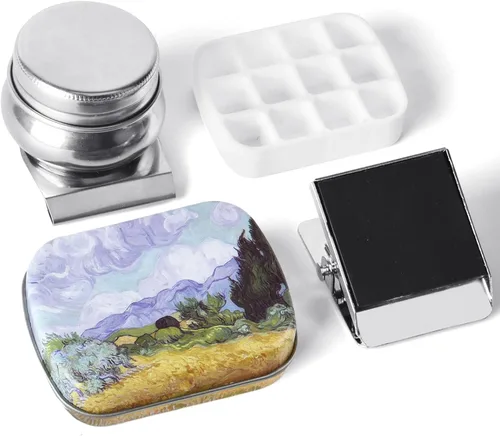 Miniatura 12 de Mini Juego de Caja de Lata de Viaje de Pintura de Acuarela de Artista Portátil Hecha a Mano con 6 Medias Bandejas Sólidas con Purpurina Nacarada