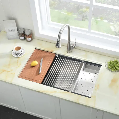 Miniatura 2 de Fregadero de cocina de montaje inferior, fregadero de cocina de acero inoxidable de 25 x 19 pulgadas, calibre 16, con estación de trabajo con tabla