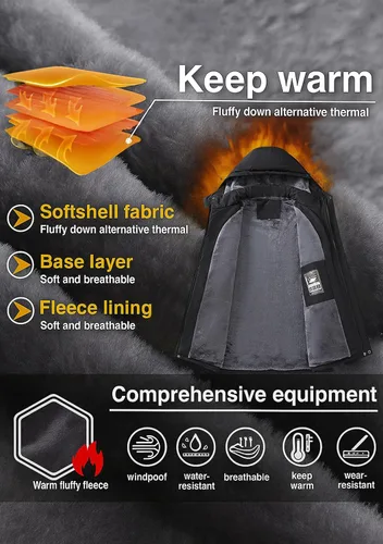 Miniatura 3 de PEGENO Chaqueta de Esquí para Hombre Resistente al Agua Cortavientos Aislada Forro Polar Térmico Chaquetas de Invierno Parka Impermeables Con Capucha