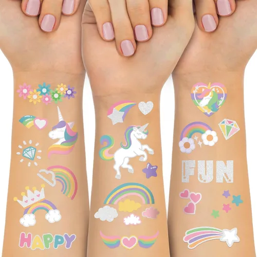 Tatuajes temporales impermeables – 118 piezas de tatuajes falsos geniales para fiestas de cumpleaños de niños, unicornio sonriente arco iris Plateado