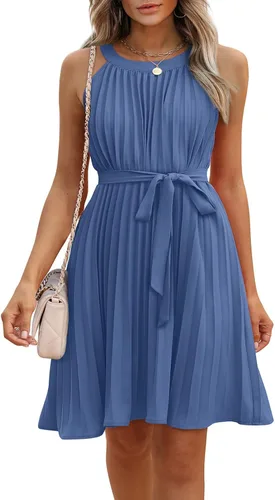 Miniatura 3 de SAMPEEL Vestidos de verano para mujer, casual, cuello halter, sin mangas, plisados, línea A, botón en la parte trasera con cinturón
