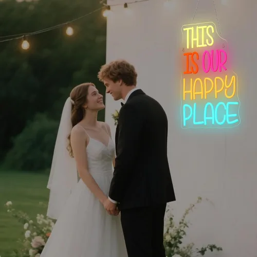 Miniatura 6 de NOSUN Letrero de neón con texto en inglés «This is Our Happy Place» para decoración de pared, letras coloridas y alegres, luces LED de neón con USB