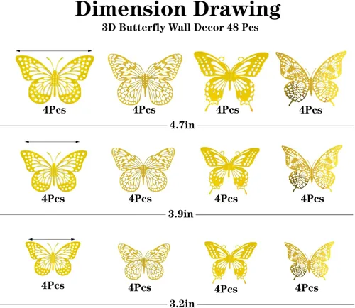 Miniatura 2 de Meikeer Decoración de pared de mariposa 3D, 48 piezas, 4 estilos y 3 tamaños, calcomanías de pared extraíbles para cumpleaños, fiestas, decoraciones