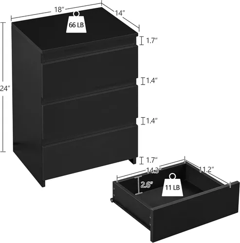 Miniatura 3 de Yaheetech - Mesita de noche con cajones, mesa auxiliar de cabecera con 3 cajones y base resistente, mesa de acento de madera con espacio de Negro