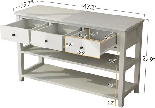Miniatura 2 de Henf Mesa consola retro de 47 pulgadas de largo, mesa de entrada con 3 cajones y estantes de almacenamiento, aparador vintage para cocina, buffet