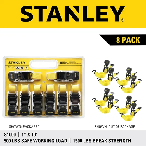 Miniatura 8 de STANLEY S10002 Correas de amarre de trinquete negras/amarillas de 1 pulgada x 10 pies - Carga de trabajo segura de 500 libras / Resistencia a