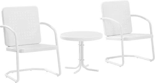 Crosley Furniture KO10019WH Bates - Juego de asientos de metal retro de 3 piezas para exteriores con mesa auxiliar y 2 sillas, blanco brillante y