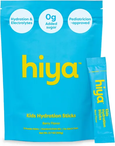 Hiya Kids Hidratación con Electrolitos - Polvos de Hidratación para Niños con Sabor a Bayas sin Azúcar Añadida - 15 Palitos - Mezcla de Bebida