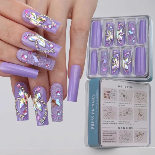 Miniatura 20 de Uñas postizas largas a presión, cuadradas, francesas, nude, rosa, lazo de lujo y diamantes de imitación de flores 3D, 24 unidades, uñas brillantes