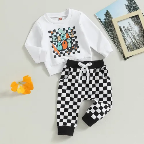 Miniatura 3 de Conjunto de 2 piezas de sudadera de manga larga con cuello redondo y estampado de letras de tractor para niño pequeño