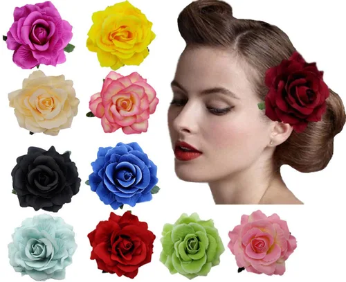Broche de flores para el pelo de rosa para mujer, para tocado de novia, bailarina flamenca, paquete de 10 unidades (mezcla de 10 colores)