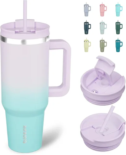 Miniatura 15 de BJPKPK - Vasos con aislamiento térmico, con asa y pajilla, vasos térmicos de acero inoxidable de 40 onzas con tapa, color rosado claro Rosa claro