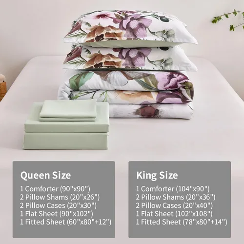 Miniatura 7 de Luxudecor Juego de edredón floral tamaño King de 7 piezas, cama de flores verdes en una bolsa, elegante edredón floral con juego de sábanas, juego