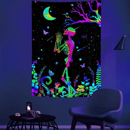 Miniatura 2 de MCKTOM Divertido tapiz de pared con luz negra, diseño de calavera y luna, diseño de esqueleto, meditación, espiritual, trippy, bohemio, flores
