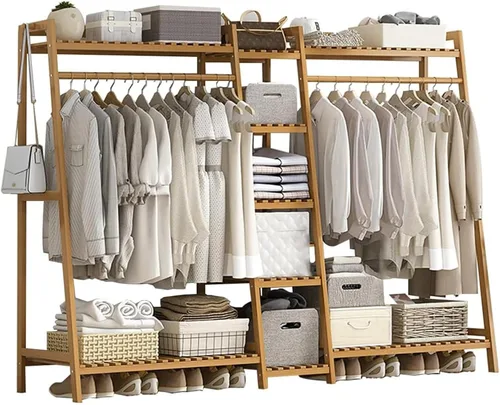 Miniatura 10 de Baveke Perchero de bambú para ropa de 7 niveles, estante de almacenamiento para colgar ropa, organizador de armario portátil con estante superior