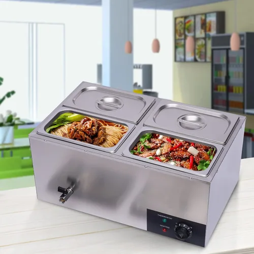 Miniatura 5 de Mesa de vapor Bain Marie de 4 bandejas, mesa de vapor comercial para encimera, calentador de alimentos de 600 W, 16.9 cuartos de galón, calentador