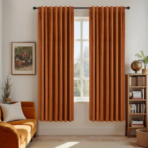 Cortinas de terciopelo con trabilla trasera de 52 x 63 pulgadas de color naranja quemado de KOUFALL