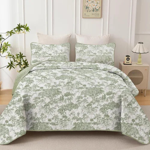 Miniatura 11 de WONGS BEDDING Juego de edredón botánico tamaño Queen, negro, 3 piezas, colcha con estampado floral de plantas Toile, juego de ropa de cama