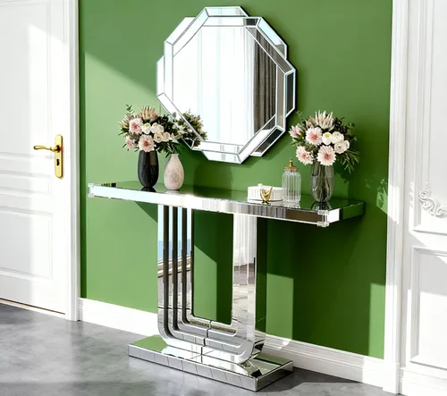 Miniatura 27 de Mesa Consola Negra con Espejo, Mesa de Sofá de Cristal Rectangular de 48 pulgadas con Elementos Tallados Vintage con Espejo, Muebles de Espejo