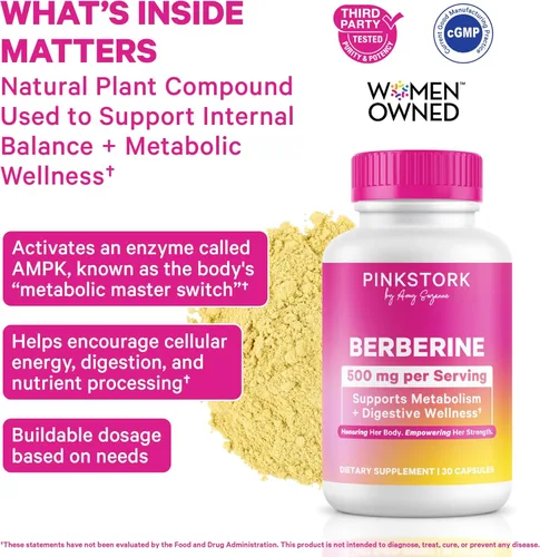 Miniatura 2 de Pink Stork Berberina 500 mg - Activador metabólico diario AMPK - 500 mg de metabolismo + apoyo para la salud intestinal para mujeres - probado por