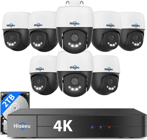 Sistema de cámaras de seguridad Hiseeu 4K PoE [Vista 4K+360°], 8 piezas de cámara PTZ PoE de 8MP con cable para exteriores, detección de personas y