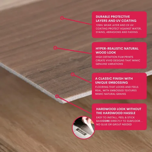 Miniatura 5 de LUCiDA SURFACES - Baldosas de vinilo de lujo, azulejos autoadhesivos para instalar uno mismo, 12 tablones con aspecto de madera, color granero