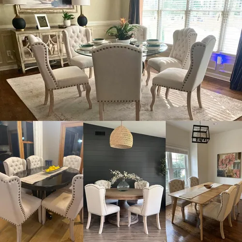 Miniatura 8 de chairus Juego de 4 sillas de comedor con diseño capitoné Parsons, tapizadas de estilo rústico francés con ribete de cabeza de clavo y patas