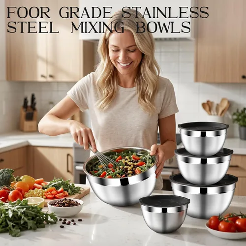 Miniatura 7 de DUTZUN Stainless Steel Mixing Bowls with Airtight Lids Set of 5, Black Best Kitchen Gifts for Mixing, Baking, Prep, Salads, Serving, Cooking