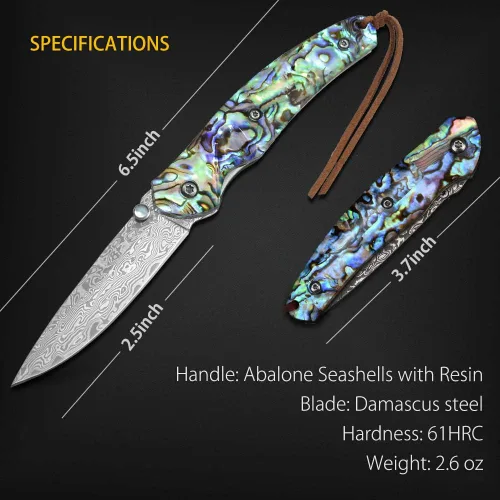 Miniatura 6 de NedFoss Cuchillo de bolsillo, cuchillo de bolsillo de damasco con mango de concha de abulón, cuchillo plegable de acero de Damasco forjado hecho a
