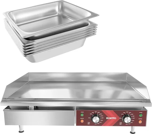EGGKITPO Plancha eléctrica comercial antiadherente de 29 pulgadas, temperatura ajustable de 90 ℉ a 575 ℉ 240 V 3500 W y 6 sartenes de 2.5 pulgadas