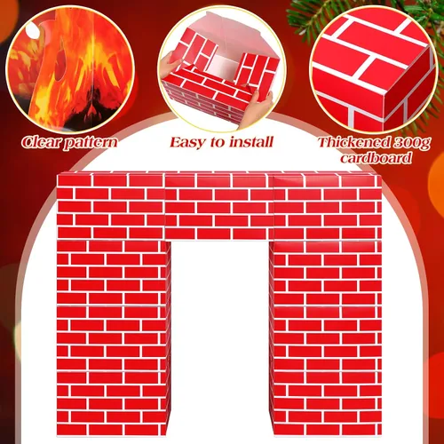 Miniatura 3 de Fullhawl Chimenea de cartón de ladrillo rojo artificial 3D de 39 x 35 pulgadas, chimenea de Navidad con llama de fuego 3D, telón de fondo falso