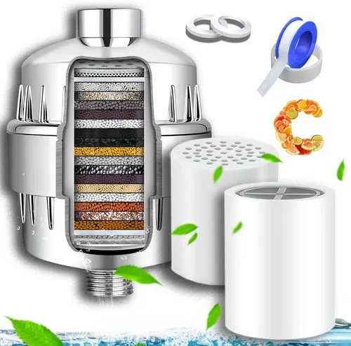 Filtro de cabezal de ducha de 20 etapas para agua dura, con 2 cartuchos de filtro reemplazables, filtro de agua de ducha de alto rendimiento para