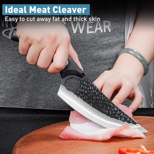 Miniatura 4 de Huusk - Cuchillos vikingos, cuchillo de carnicero forjado negro con vaina, filete japonés para carne, cuchillos de espiga completa para cocina