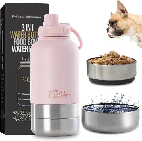 Botella de agua de viaje 3 en 1 de 32 onzas para perros y seres humanos, doble uso, acero inoxidable, mantiene el agua caliente 6 horas/fría 12