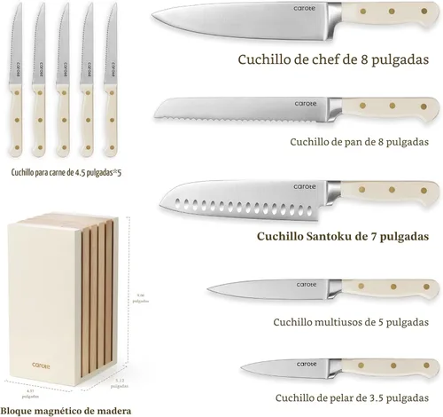Miniatura 2 de CAROTE Juego de 11 piezas de cuchillos con bloque para cocina, hoja de acero inoxidable ultra afilada, mango ergonómico triple remachado, bloque