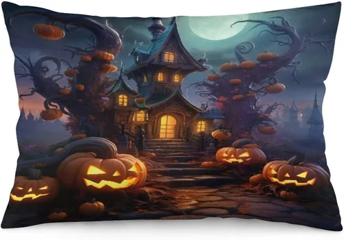 Miniatura 23 de Fundas de almohada frescas de casa embrujada, castillo, luna, bosque medieval, calabaza, fundas de almohada rectangulares con cremallera invisible