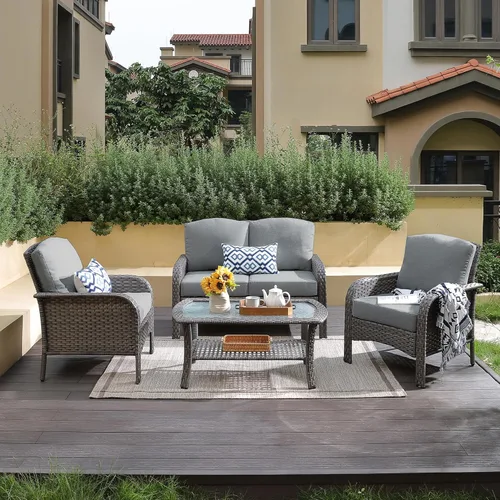 CAODOC Juego de muebles de mimbre para patio, 4 piezas, para todo tipo de clima, sofá biplaza y mesa para patio trasero, balcón y terraza con