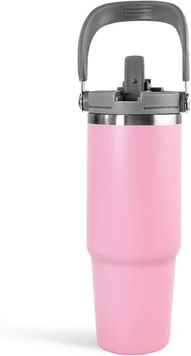 Miniatura 17 de Vaso de 20 onzas con asa, vaso aislado con tapa y popote abatible a prueba de fugas, de acero inoxidable de doble pared, taza de café de viaje