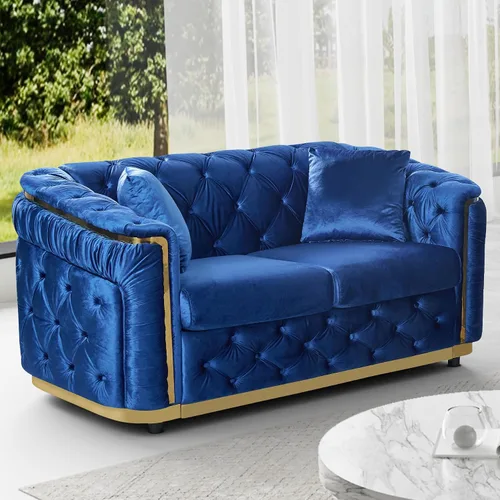 Miniatura 9 de DAMAIFROM Juego de sofá de terciopelo de lujo beige y dorado, moderno de mediados de siglo, sofás Chesterfield copetudos y patas doradas, juego de 2