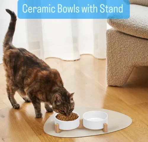 Miniatura 2 de Juego de cuencos de cerámica para gatos y perros pequeños, modernos cuencos para alimentos y agua para mascotas de tamaño pequeño con soporte