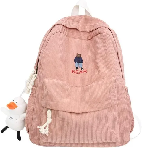 Miniatura 3 de YUESUO Mochila grande de pana Kawaii con bonito colgante de oso, bolsa vintage para niñas, estudiantes, mochila escolar, mochila para libros, Negro