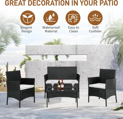 Miniatura 4 de Outvita Juego de muebles de patio de 4 piezas, juegos de conversación de ratán con sofá biplaza suave y mesa de cristal para jardín, patio, balcón