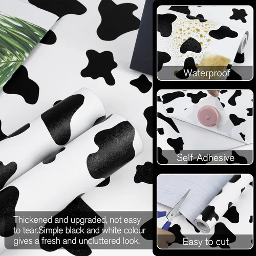 Miniatura 2 de Papel de contacto con puntos blancos y negros, papel tapiz con diseño de vaca para despegar y pegar, autoadhesivo, lindo papel de pared extraíble