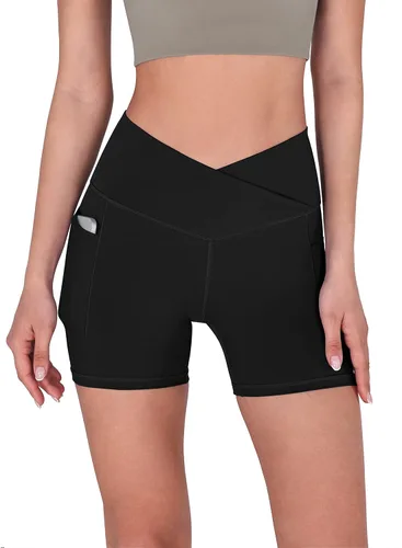 ODODOS Pantalones cortos de yoga con cintura cruzada de 5 pulgadas para mujer, pantalones cortos de entrenamiento para correr