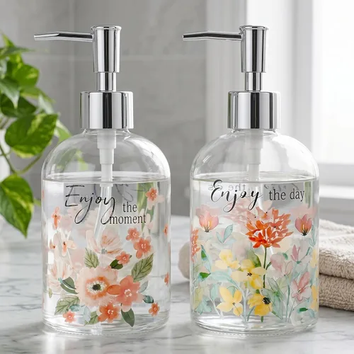 Miniatura 16 de Topadorn Dispensador de jabón de vidrio de 17 onzas con bomba, impresión floral de acuarela Enjoy the Day, botella líquida recargable para cocina